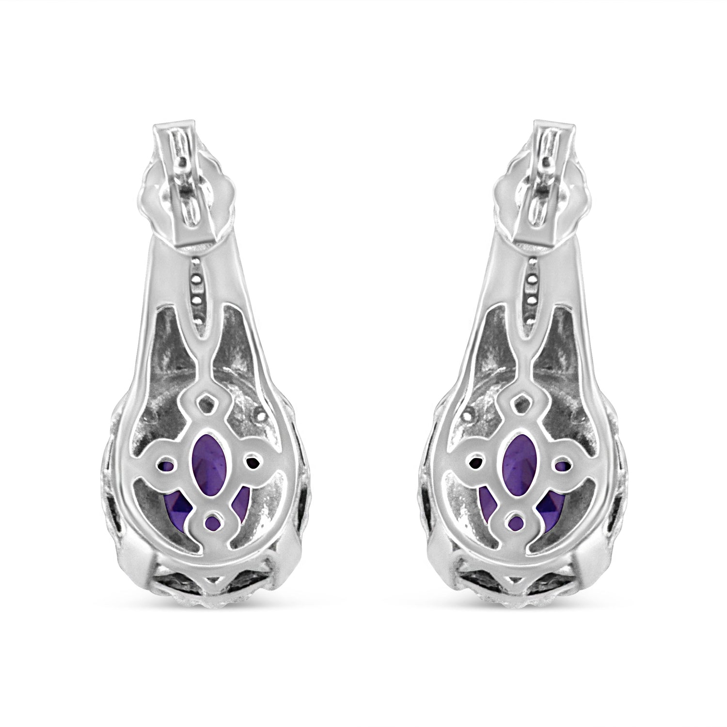 .925 Sterling Silver 8x6 MM Natural Oval Purple Amethyst Gemstone and Diamond Accent Art Deco Style Drop and Dangle Earrings (I-J Color, I1-I2 Clarity) by Bids.com