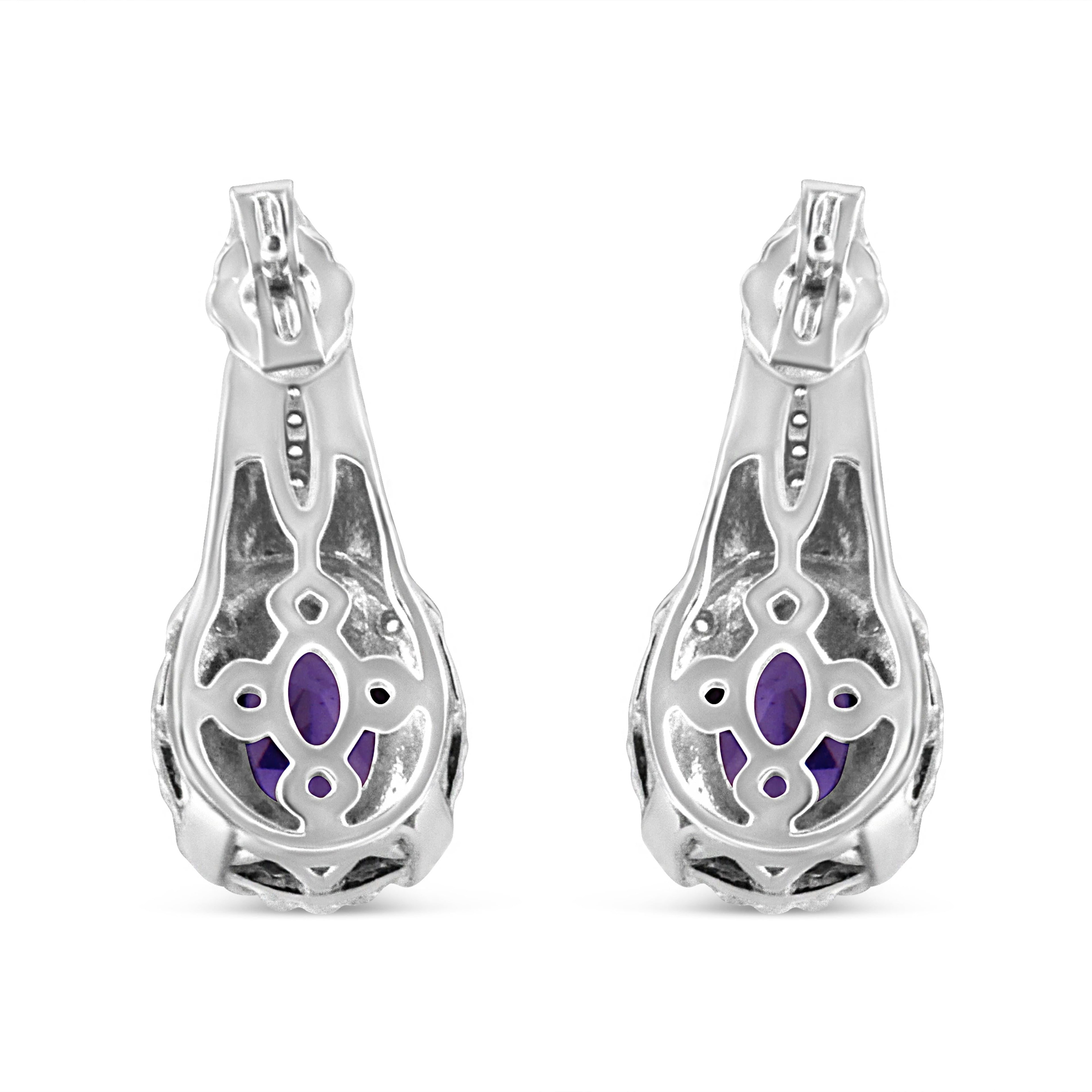 .925 Sterling Silver 8x6 MM Natural Oval Purple Amethyst Gemstone and Diamond Accent Art Deco Style Drop and Dangle Earrings (I-J Color, I1-I2 Clarity) by Bids.com