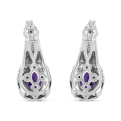 .925 Sterling Silver 8x6 MM Natural Oval Purple Amethyst Gemstone and Diamond Accent Art Deco Style Drop and Dangle Earrings (I-J Color, I1-I2 Clarity) by Bids.com