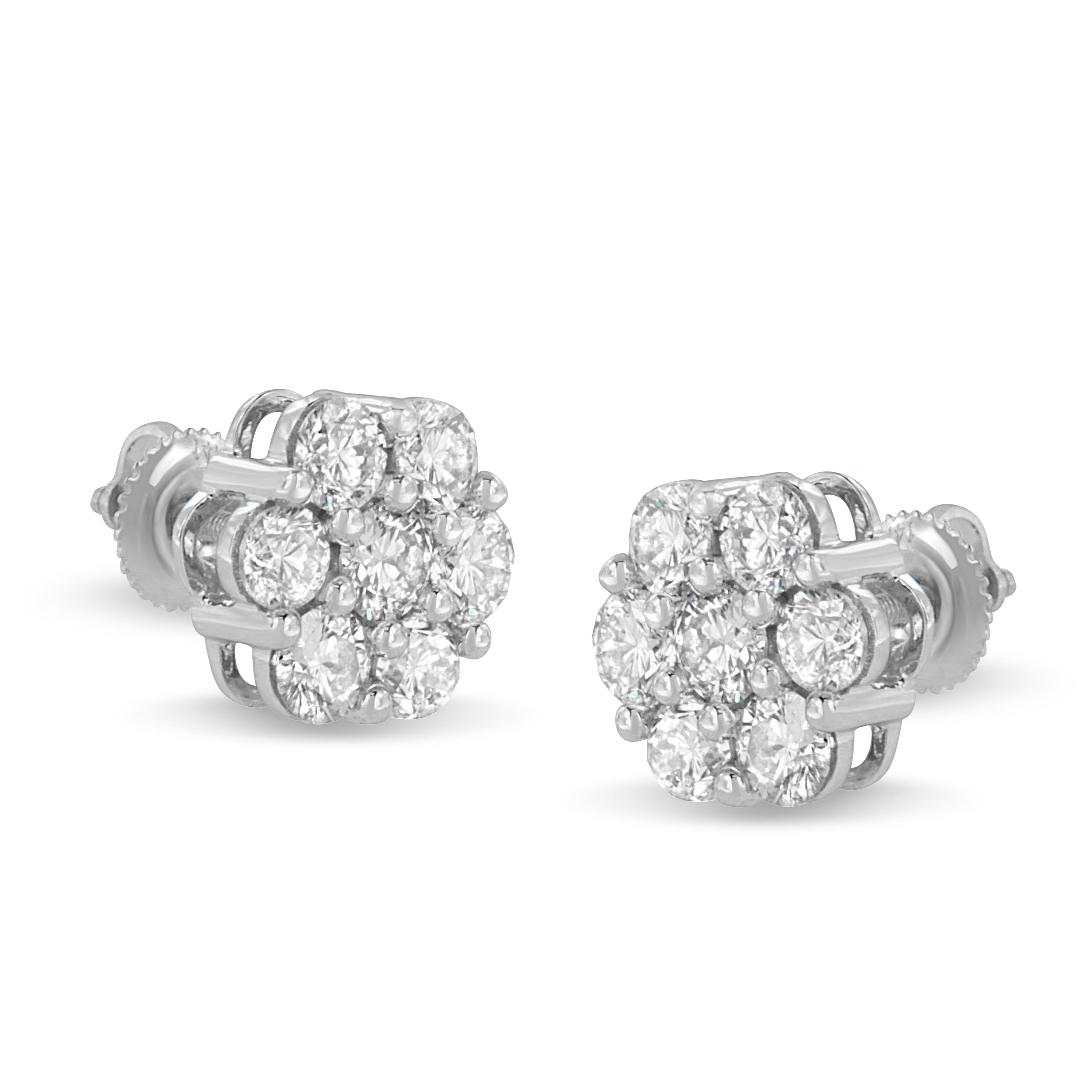 14K White Gold 3 cttw Prong Set Round-Cut Diamond Floral Cluster Stud Earring (I-J Color, SI1-SI2 Clarity) by Bids.com