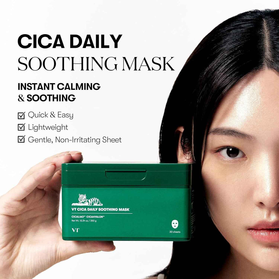 CICA Daily Soothing Mask 30 Sheets, Centella Asiatica &amp; Hyaluronic Acid for Moisturizing &amp; Hydrating, Instant Calm &amp; Glow, Skin Softening Facial Mask, Korean Face Mask