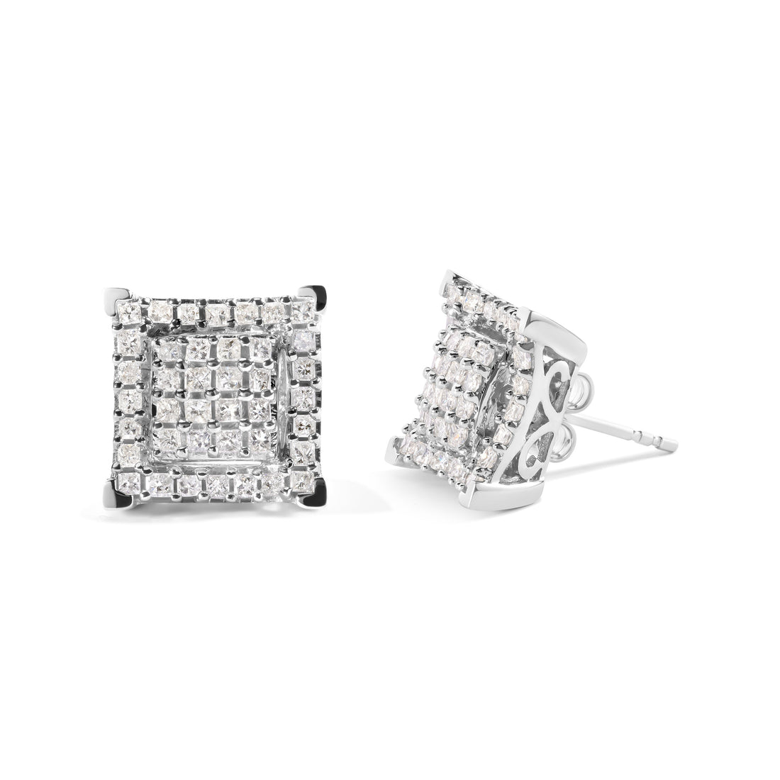 10K White Gold 1 1/4 Cttw Princess Diamond Composite Double Square and Halo Stud Earrings (I-J Color, I1-I2 Clarity) by Bids.com