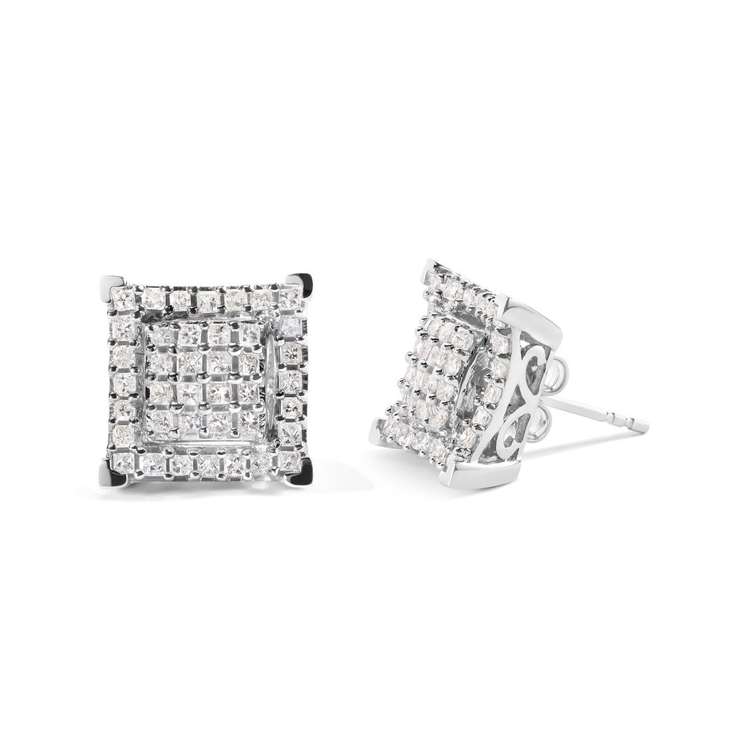 10K White Gold 1 1/4 Cttw Princess Diamond Composite Double Square and Halo Stud Earrings (I-J Color, I1-I2 Clarity) by Bids.com
