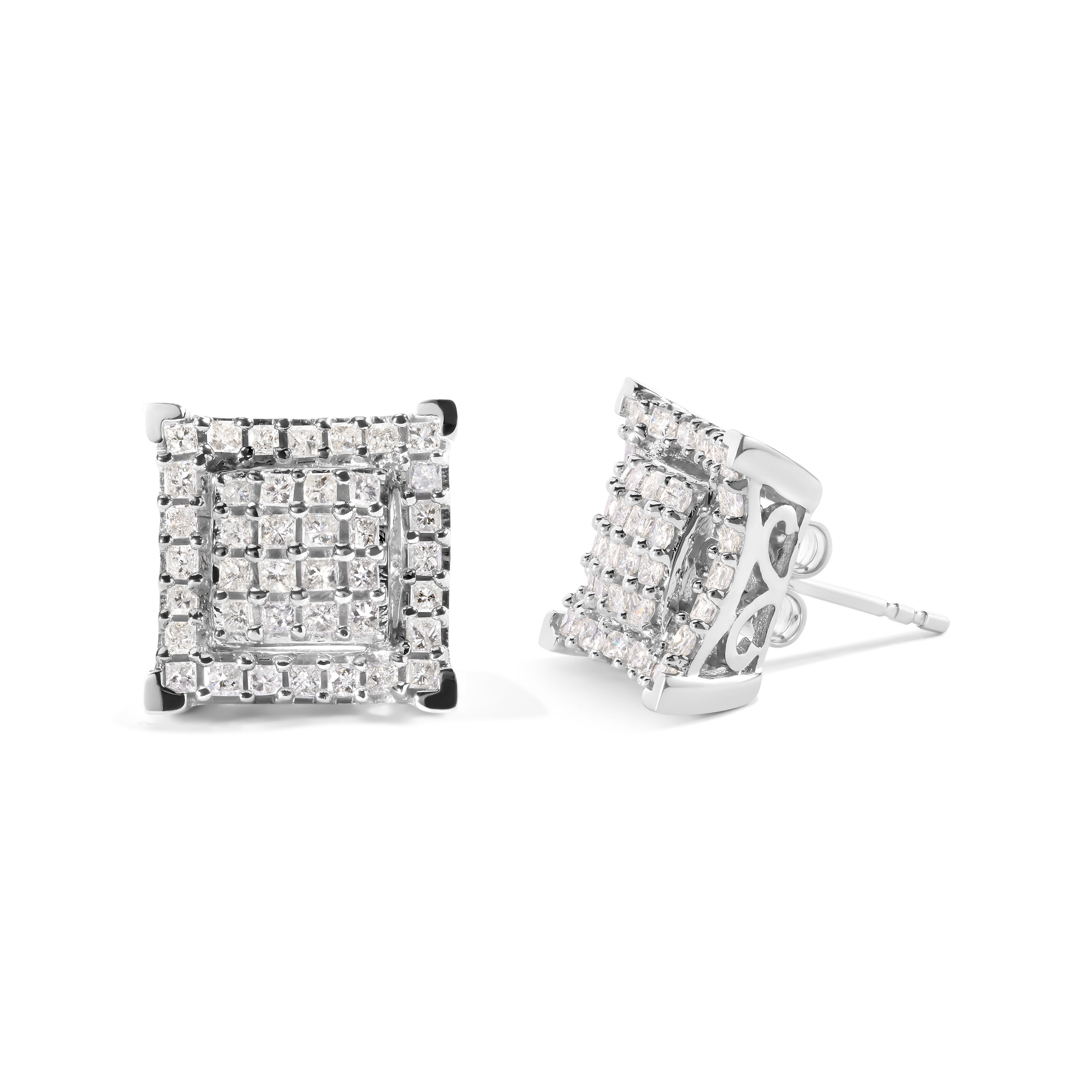 10K White Gold 1 1/4 Cttw Princess Diamond Composite Double Square and Halo Stud Earrings (I-J Color, I1-I2 Clarity) by Bids.com
