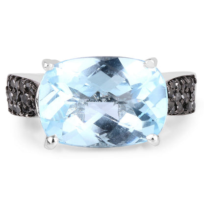 3.96 Carat Genuine Baby Swiss Blue Topaz and Black Diamond .925 Sterling Silver Ring by Bids.com