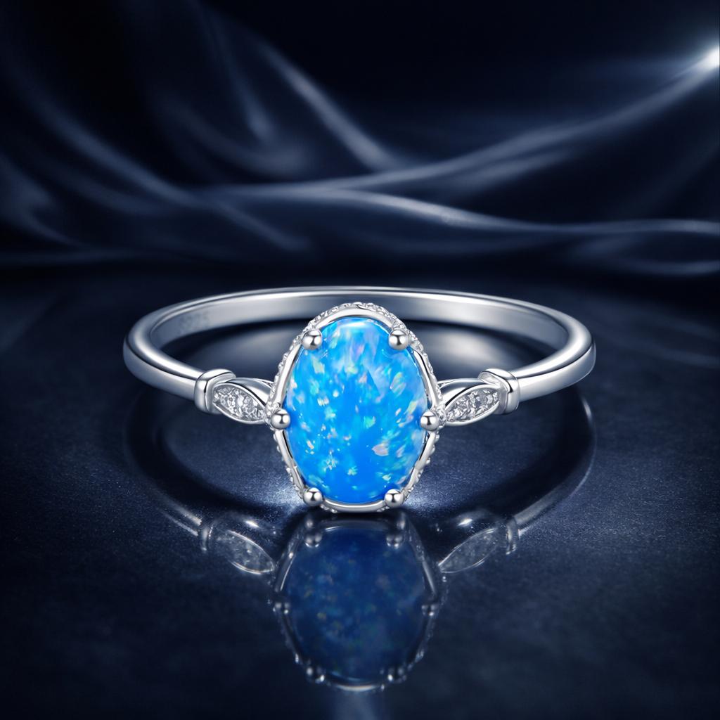 925 Sterling Silver Opal Rings in Size 6.0 with Pave Setting &amp; Plated White Gold for Women