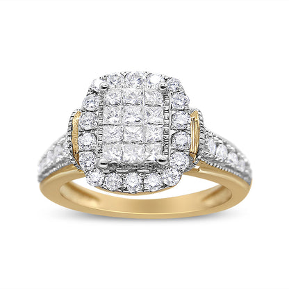 14K Yellow and White Gold 1.00 Cttw Princess and Round Cut Emerald Shaped Halo Diamond Cluster Ring (SI1-SI2 Clarity, H-I Color) - Size 7 by Bids.com