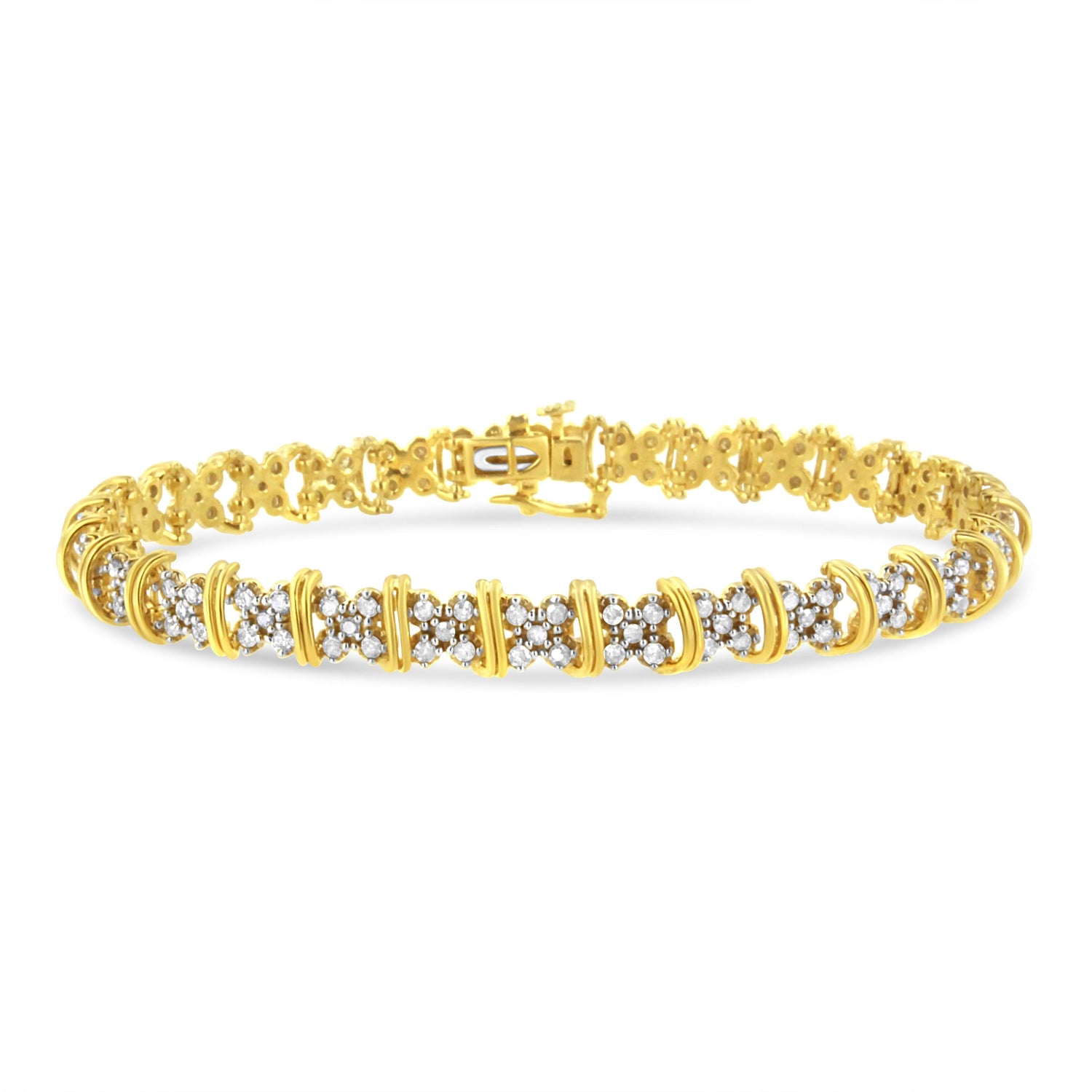 10K Yellow Gold Plated .925 Sterling Silver 2.0 Cttw Round Diamond Cluster "X" Shaped Link Bracelet (H-I Color, I3 Clarity) - 7" by Bids.com