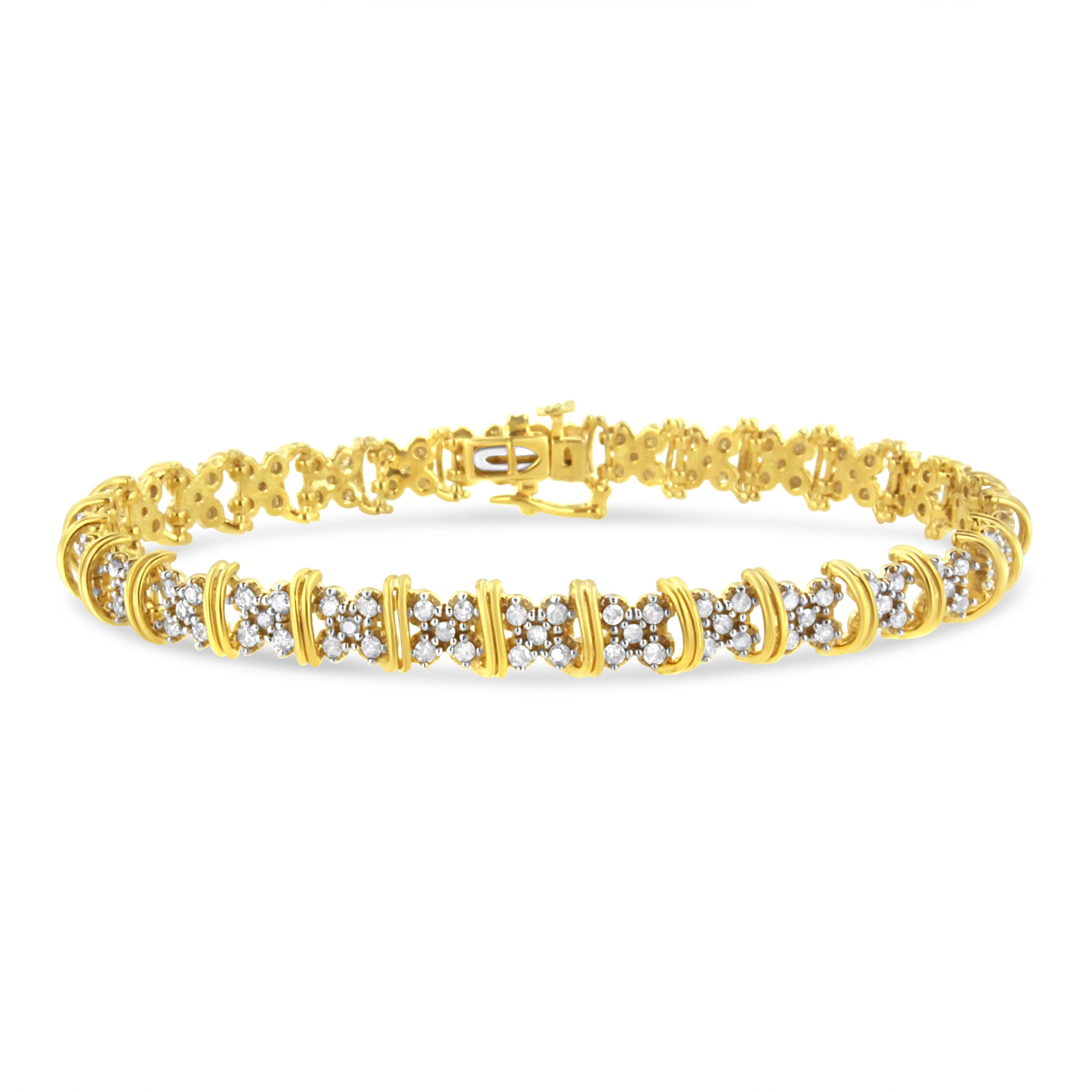 10K Yellow Gold Plated .925 Sterling Silver 2.0 Cttw Round Diamond Cluster "X" Shaped Link Bracelet (H-I Color, I3 Clarity) - 7" by Bids.com