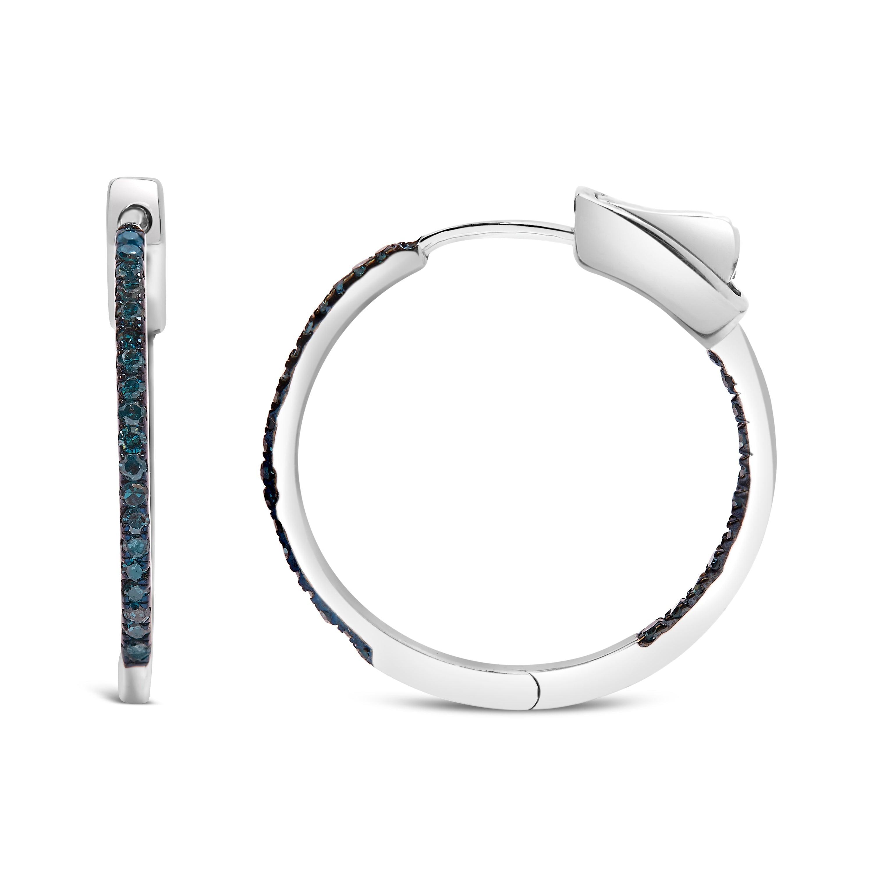 .925 Sterling Silver 1/3 Cttw Inside Out Blue Treated Diamond 1MM Wide Hoop Earrings (Blue Color, I2-I3 Clarity) by Bids.com