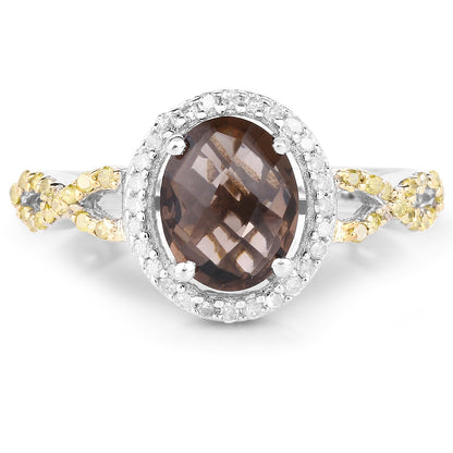 1.90 Carat Genuine Smoky Quartz, Yellow Diamond &amp; White Diamond .925 Sterling Silver Ring by Bids.com