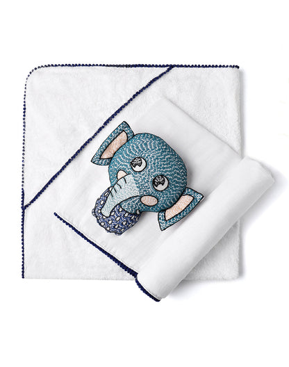 3-Piece Newborn Essential Gift Set - Hooded Towel, Swaddle & Toy Rattle