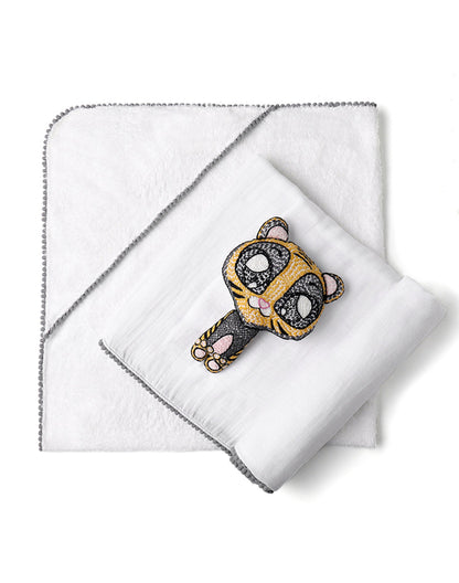 3-Piece Newborn Essential Gift Set - Hooded Towel, Swaddle & Toy Rattle