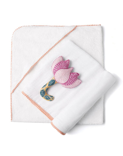 3-Piece Newborn Essential Gift Set - Hooded Towel, Swaddle & Toy Rattle