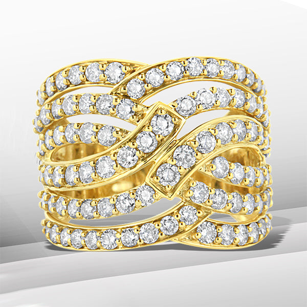 10K Yellow Gold 3.00 Cttw Diamond Multi Row Bypass Wave Cocktail Band Ring (J-K Color, I1-I2 Clarity) - Size 7 by Bids.com