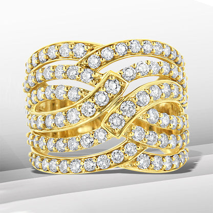 10K Yellow Gold 3.00 Cttw Diamond Multi Row Bypass Wave Cocktail Band Ring (J-K Color, I1-I2 Clarity) - Size 7 by Bids.com