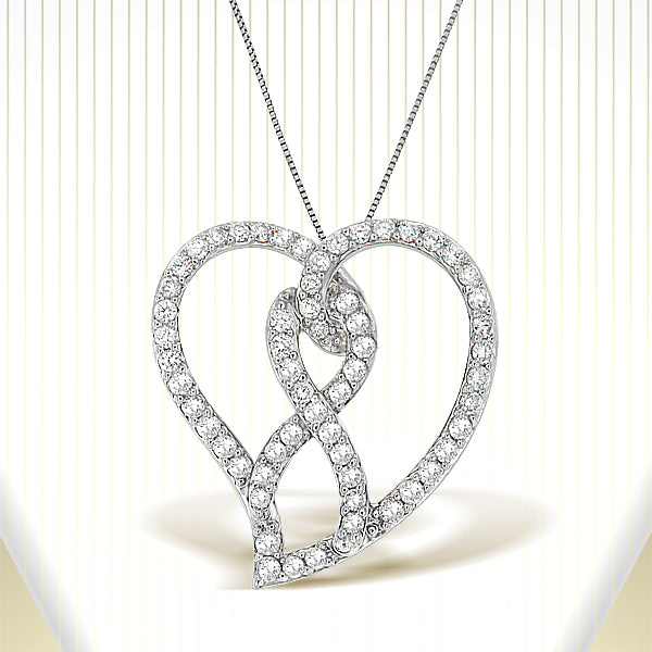 14K White Gold 1.0 Cttw White Diamond Awareness Ribbon &amp; Open Heart 18" Pendant Necklace (H-I Color, I1-I2 Clarity) - White Diamond Ribbon by Bids.com