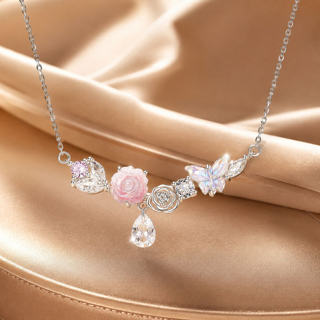 925 Sterling Silver Necklace with CZ &amp; Resin Pendant, 18x39mm, Plated with White Gold  DestGlow