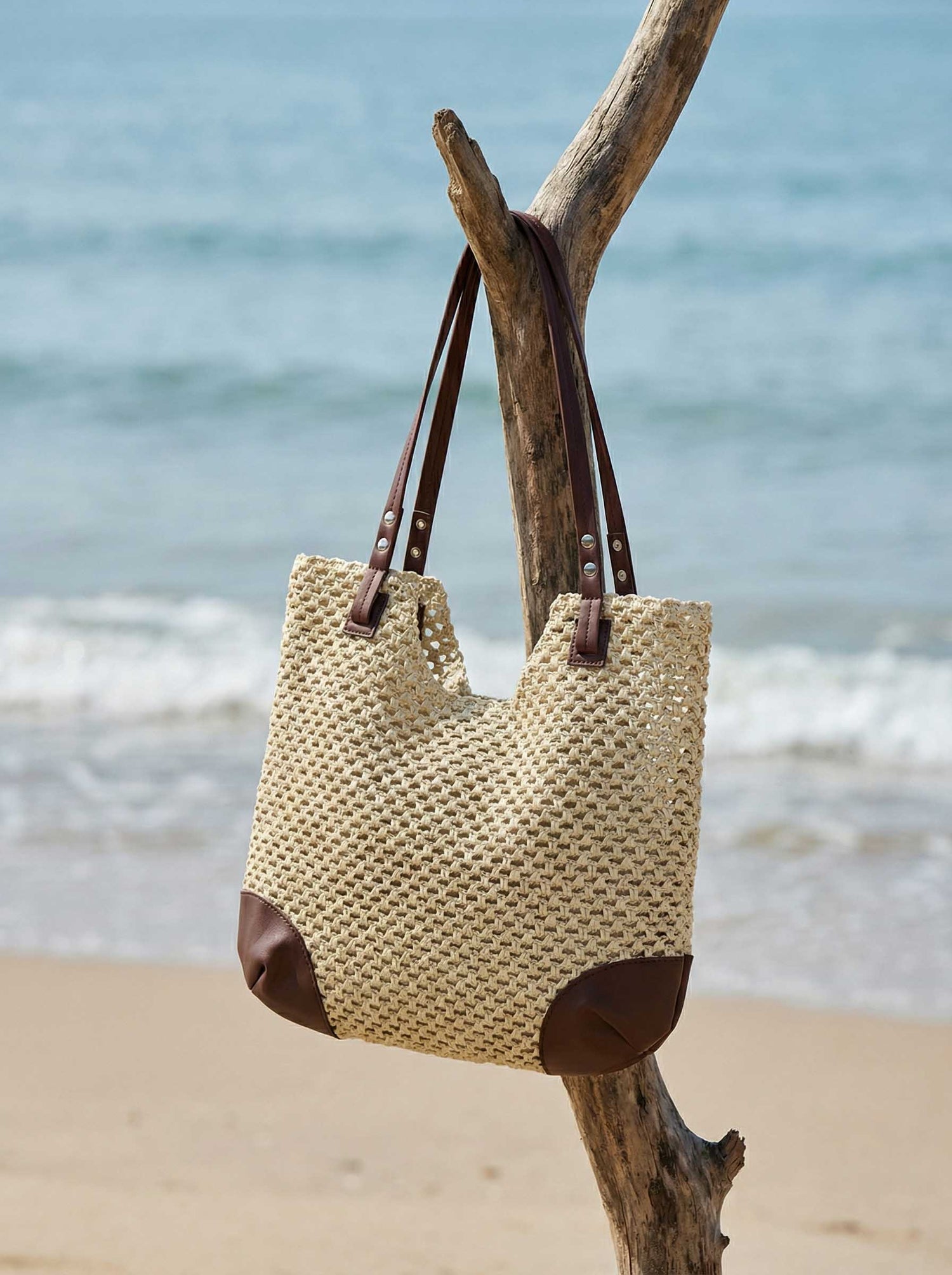 Woven Hollow-Out Shoulder Tote Bag by LINTICO
