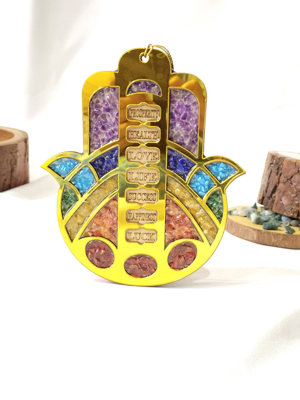 Hamsa Hand Wall &amp; Car Hanger with Seven Chakra Stones