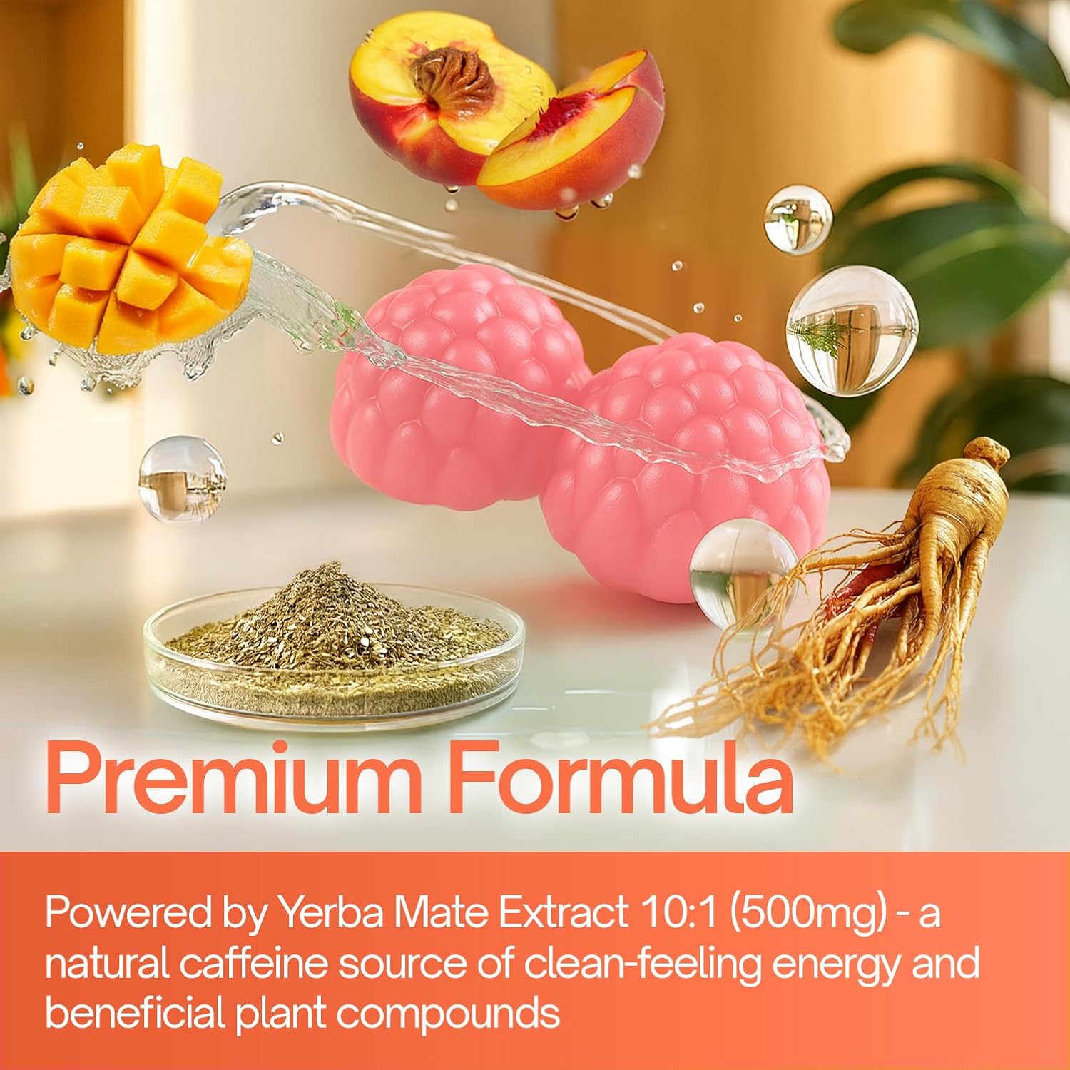 Yerba Mate Gummies – Super Focus &amp; Energy Support – Formulated with Yerba Mate Extract, L-Theanine, Rhodiola, Ginseng, Choline, B12 – Peach Mango Flavor by FreshDrinkUS - Natural and Premium Herbal Tea