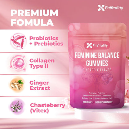 Premium Feminine Balance Gummies – Vaginal Probiotics &amp; Support Digestive Health – Probiotics, Collagen Type II, Chasteberry, Vitamin D &amp; Magnesium by FreshDrinkUS - Natural and Premium Herbal Tea