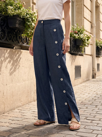 100% Linen Buttoned Slit-Hem Pants KATYA  DestGlow