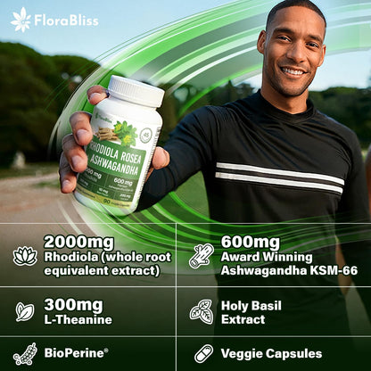 Rhodiola Rosea 2000mg with Ashwagandha KSM-66, L-Theanine, Holy Basil &amp; BioPerine - High Potency Vegan Capsules by FreshDrinkUS - Natural and Premium Herbal Tea
