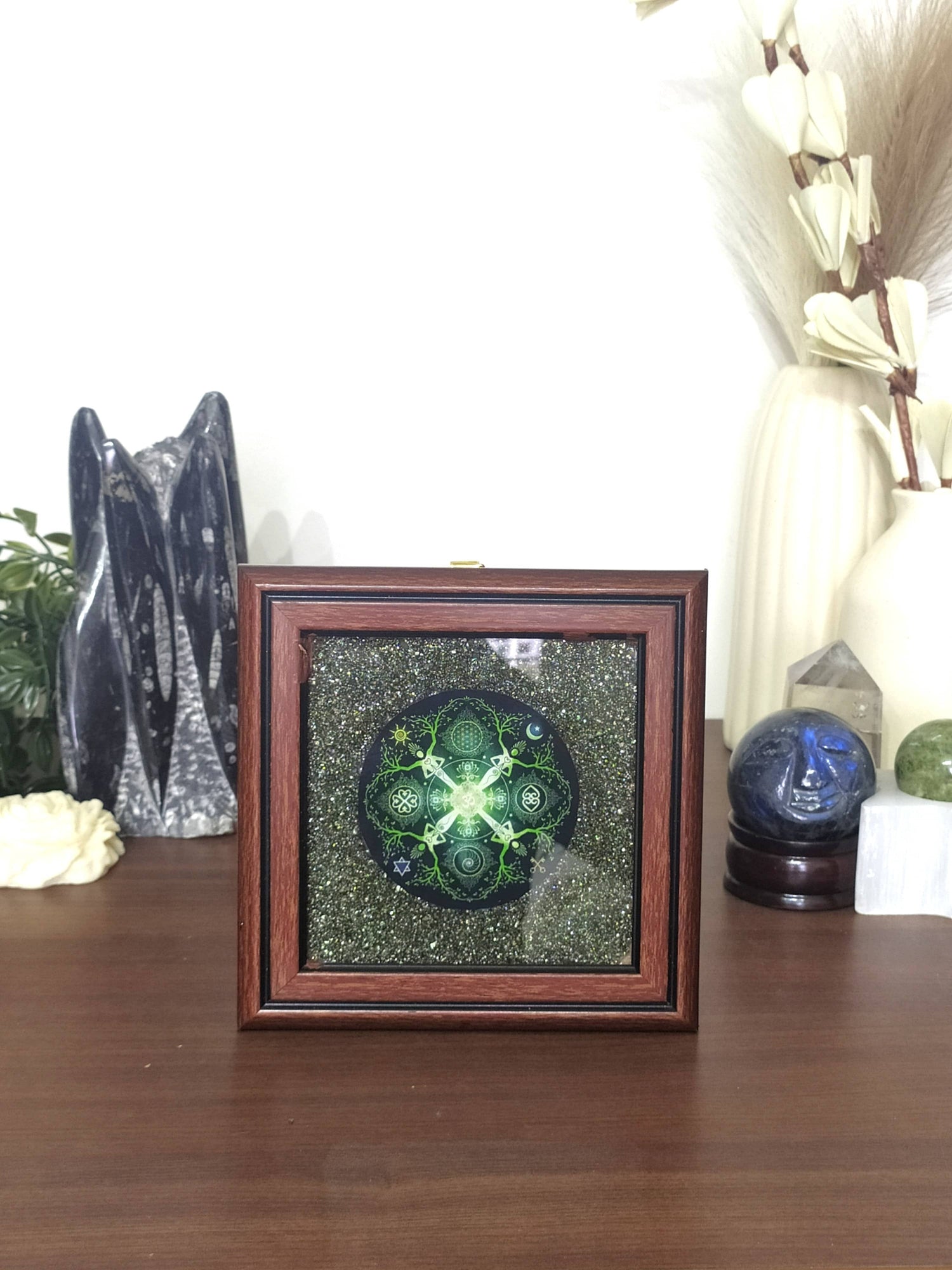 Pyrite Frame with Numinosity Mandala Art, Pyrite Dust Plate  DestGlow