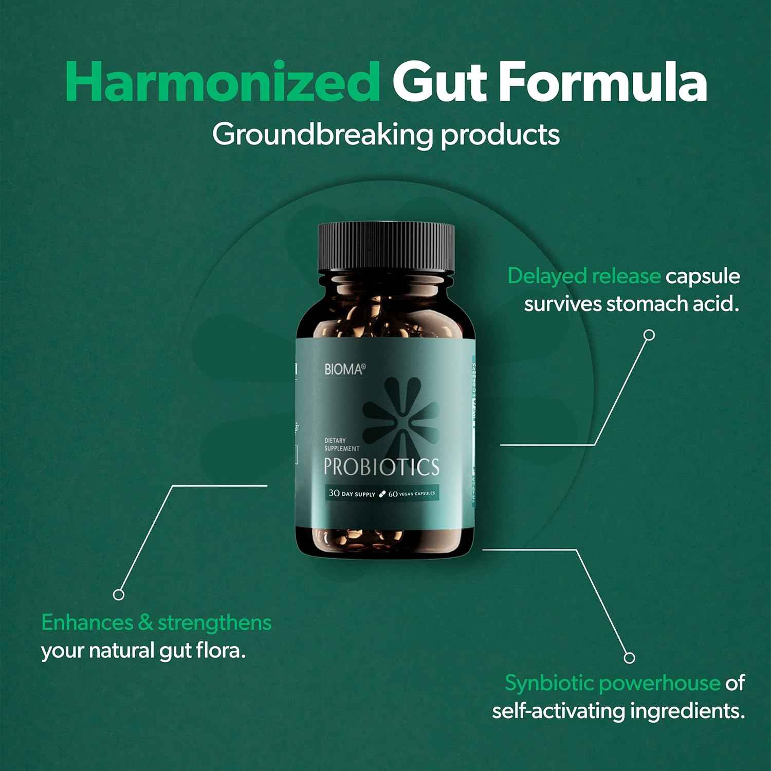 BIOMA Probiotic Gut Support - Vegan, Gluten Free, 60 Caps - Clearance Sale