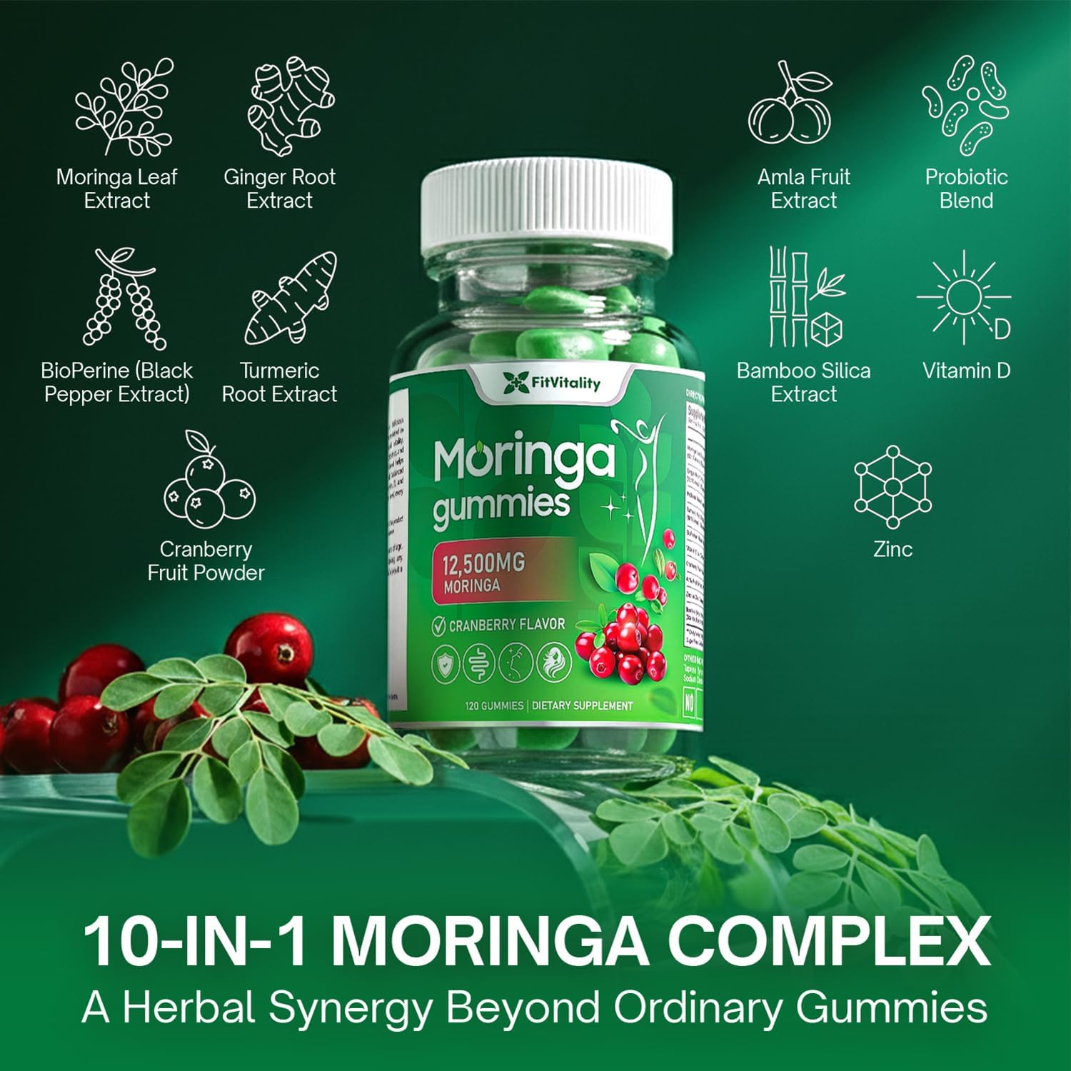 Moringa Gummies with Ginger, Turmeric &amp; Probiotics | Vegan, Sugar-Free Chewables| Plant-Based Pectin Formula with Vitamin C by FreshDrinkUS - Natural and Premium Herbal Tea