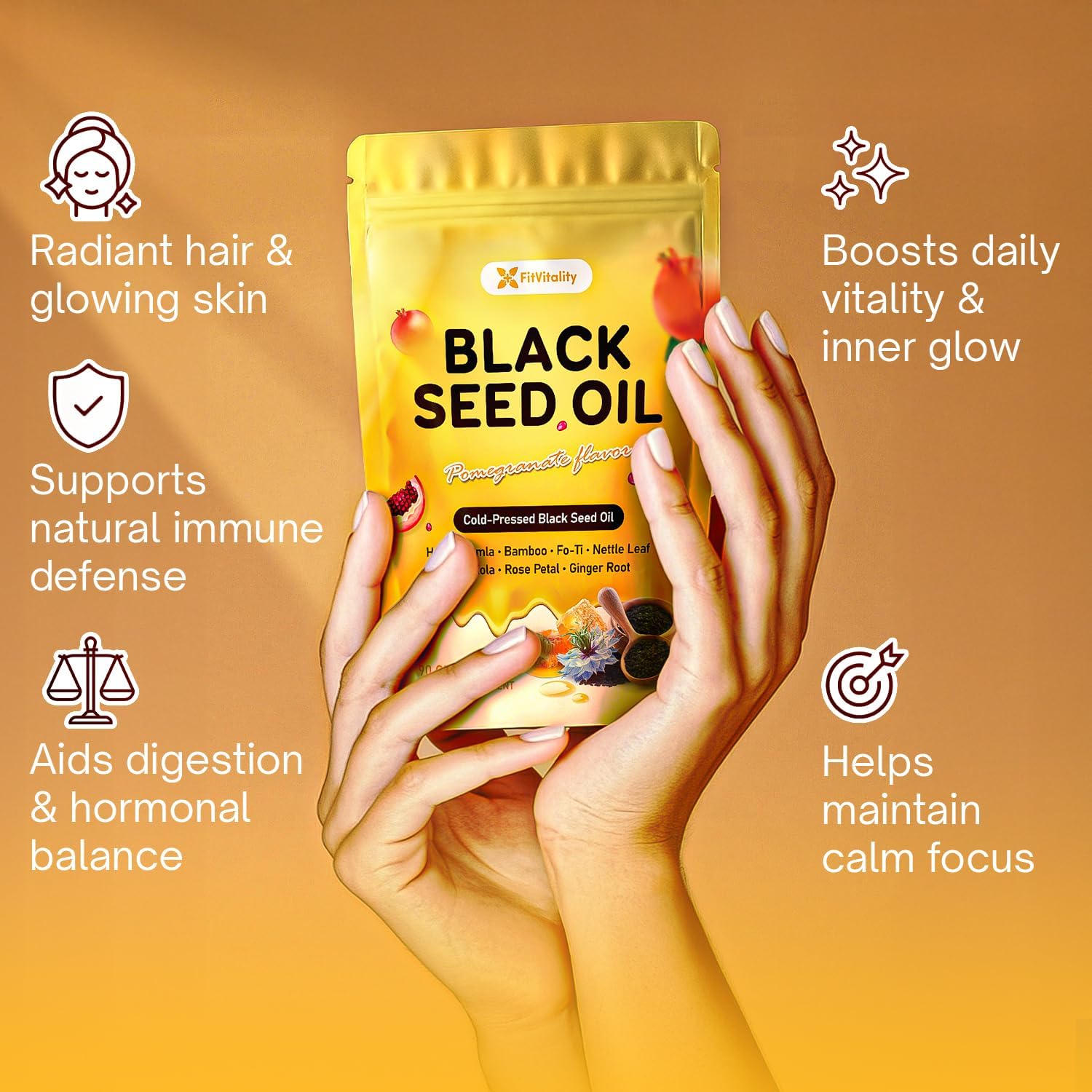 Black Seed Oil Gummies | Hair, Skin &amp; Nail Nourishment | Pomegranate Flavor by FreshDrinkUS - Natural and Premium Herbal Tea