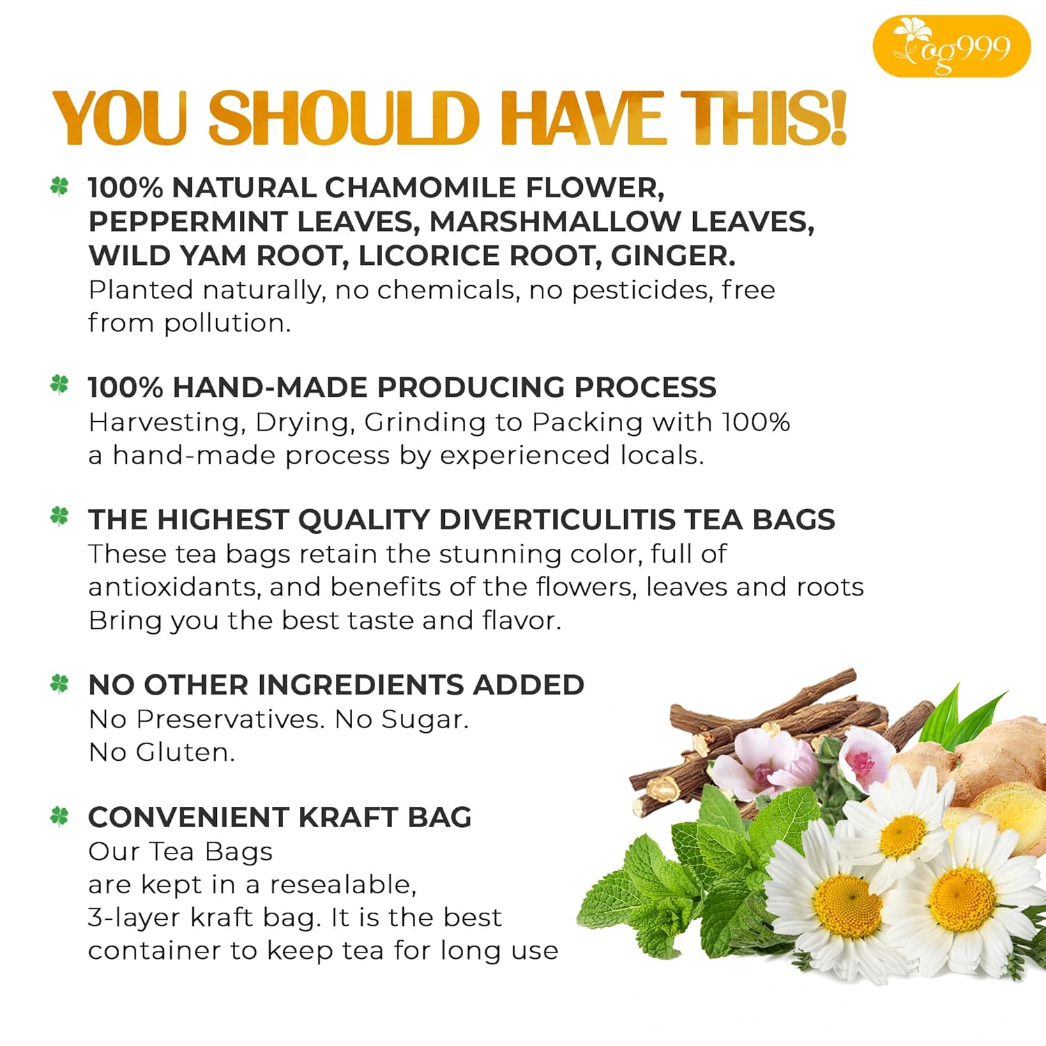 Premium Diverticulitis Tea Bags | 100% Natural Chamomile, Peppermint, Marshmallow Leaf, Wild Yam Root, Licorice &amp; Ginger Herbal Blend by FreshDrinkUS - Natural and Premium Herbal Tea