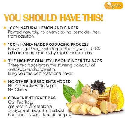 Premium Lemon, Ginger Herbal Blend Tea Bag | Improve Digestion, Support Brain, Weight, Skin and Sleep, Eco-Conscious Tea Bags by FreshDrinkUS - Natural and Premium Herbal Tea