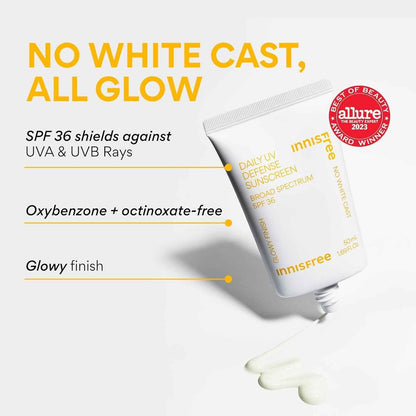 Daily UV Defense Sunscreen Broad Spectrum SPF 36, Invisible Korean Sunscreen for Face with No White Cast