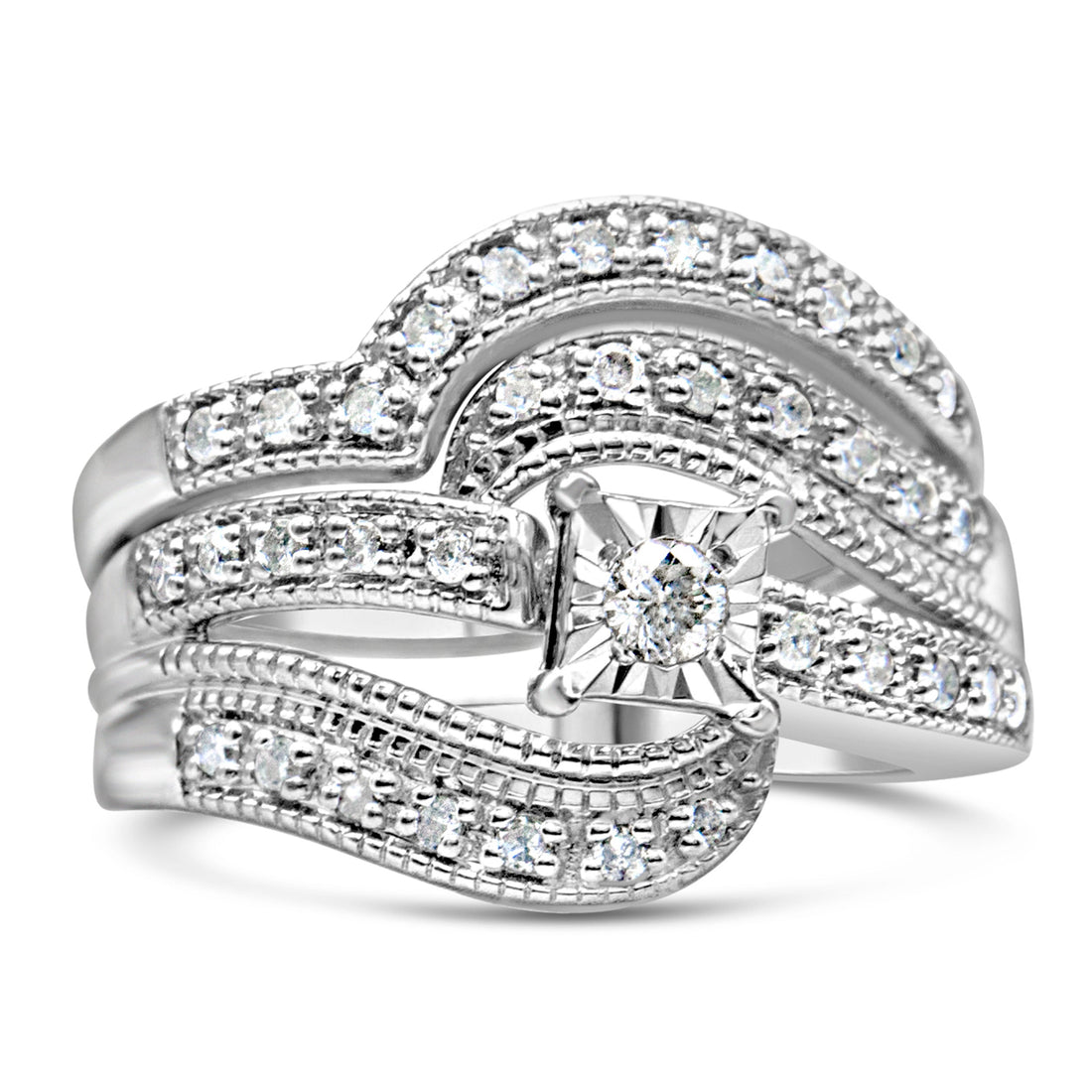 .925 Sterling Silver 1/3 Cttw Round Diamond Crisscross Engagement Ring Bridal Set (H-I Color, I1-I2 Clarity ) - Size 7 by Bids.com