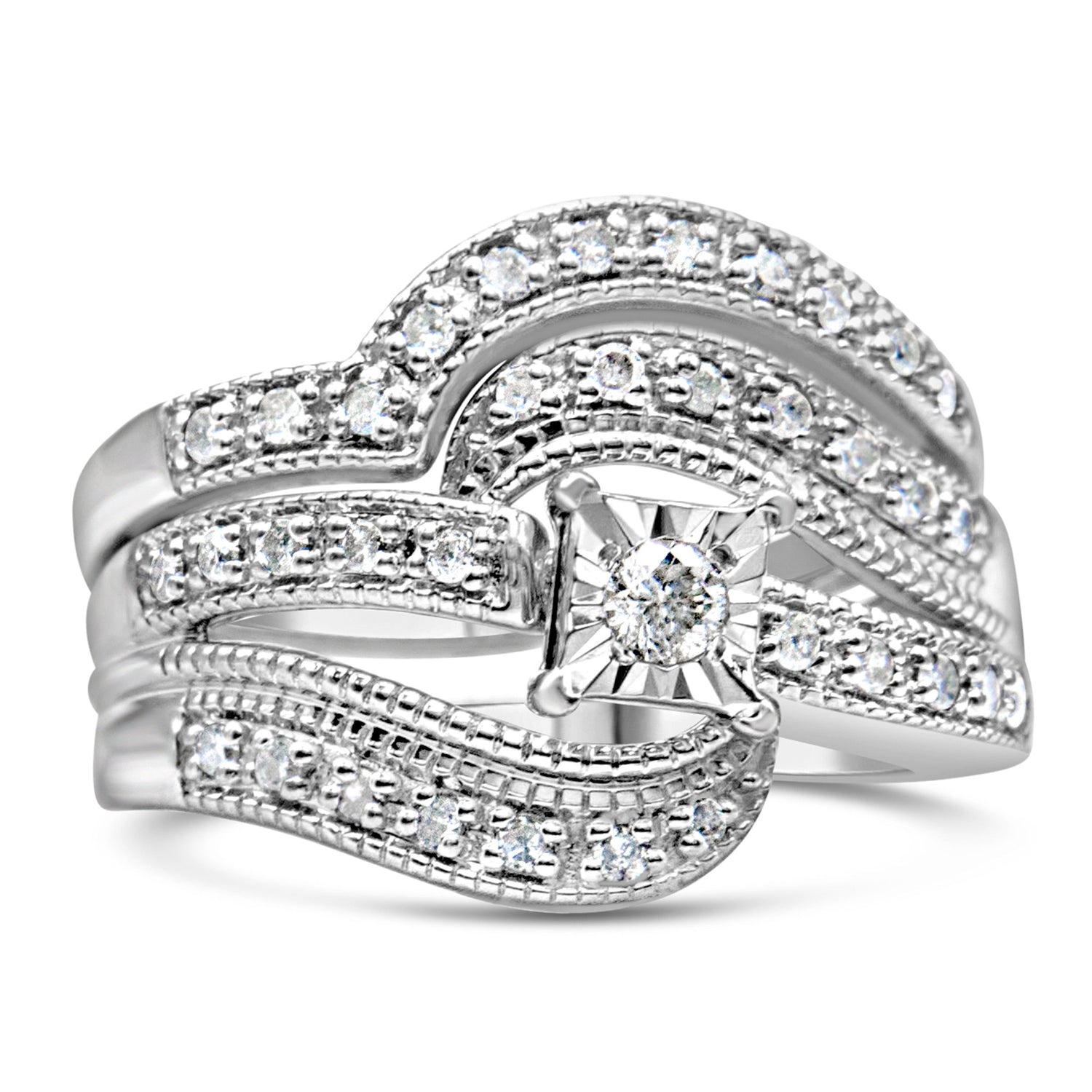 .925 Sterling Silver 1/3 Cttw Round Diamond Crisscross Engagement Ring Bridal Set (H-I Color, I1-I2 Clarity ) - Size 7 by Bids.com