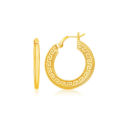 14k Yellow Gold Greek Key Medium Hoop Earrings with Flat Sides by Bids.com