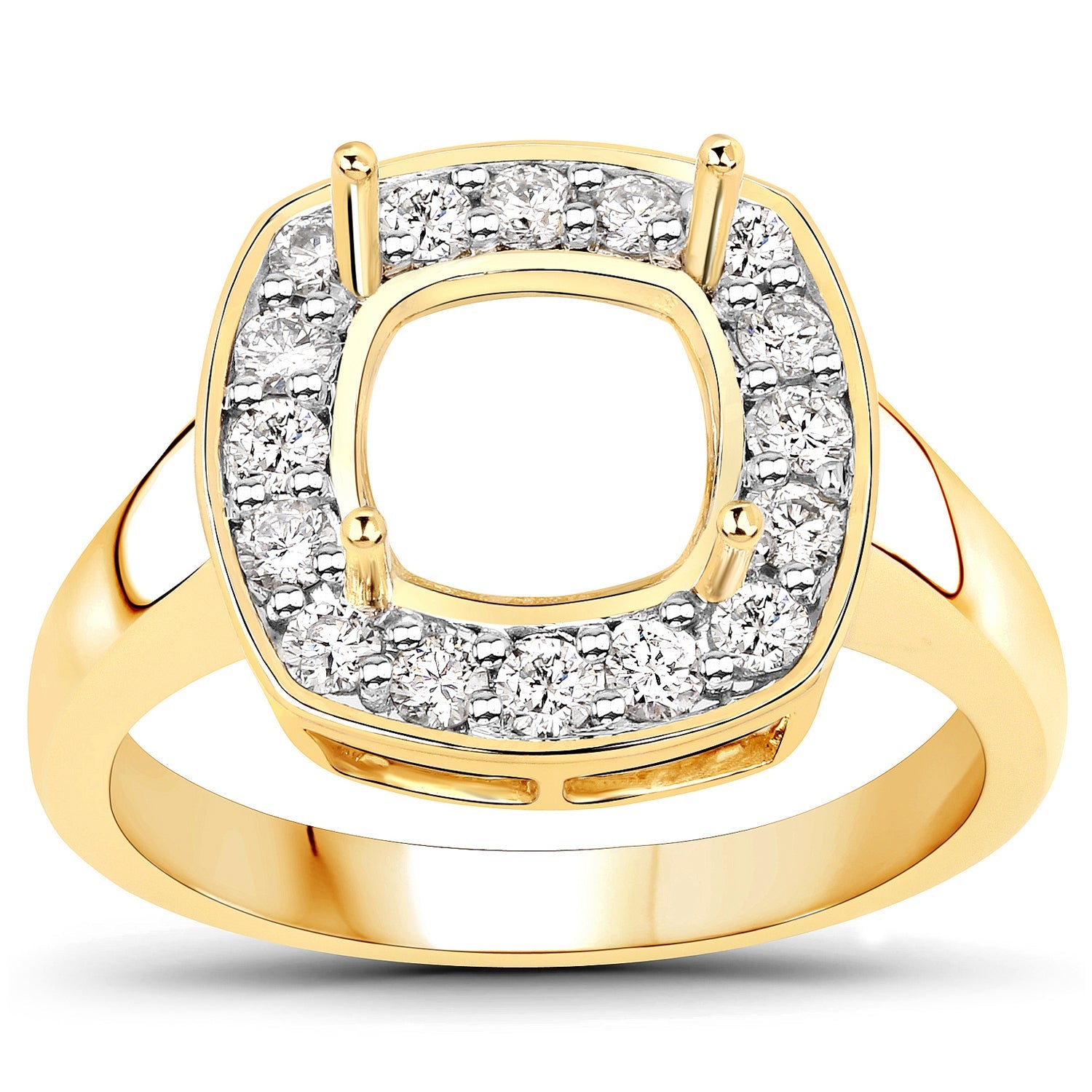 0.48 Carat Genuine White Diamond 14K Yellow Gold Semi Mount Ring - holds 8x8mm Cushion Gemstone by Bids.com
