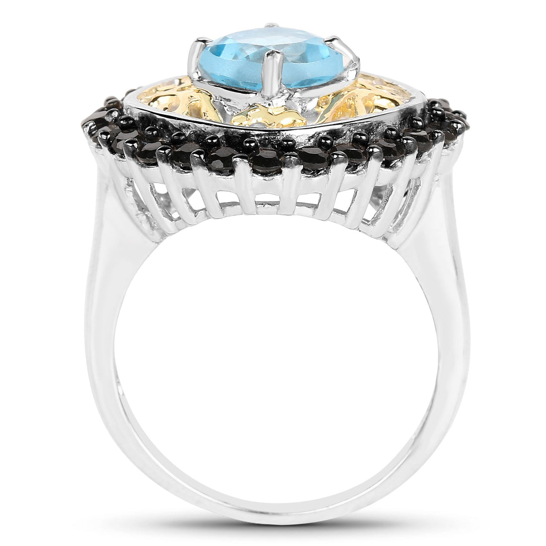 Two Tone Plated 2.85 Carat Genuine Swiss Blue Topaz and Black Spinel .925 Sterling Silver Ring by Bids.com