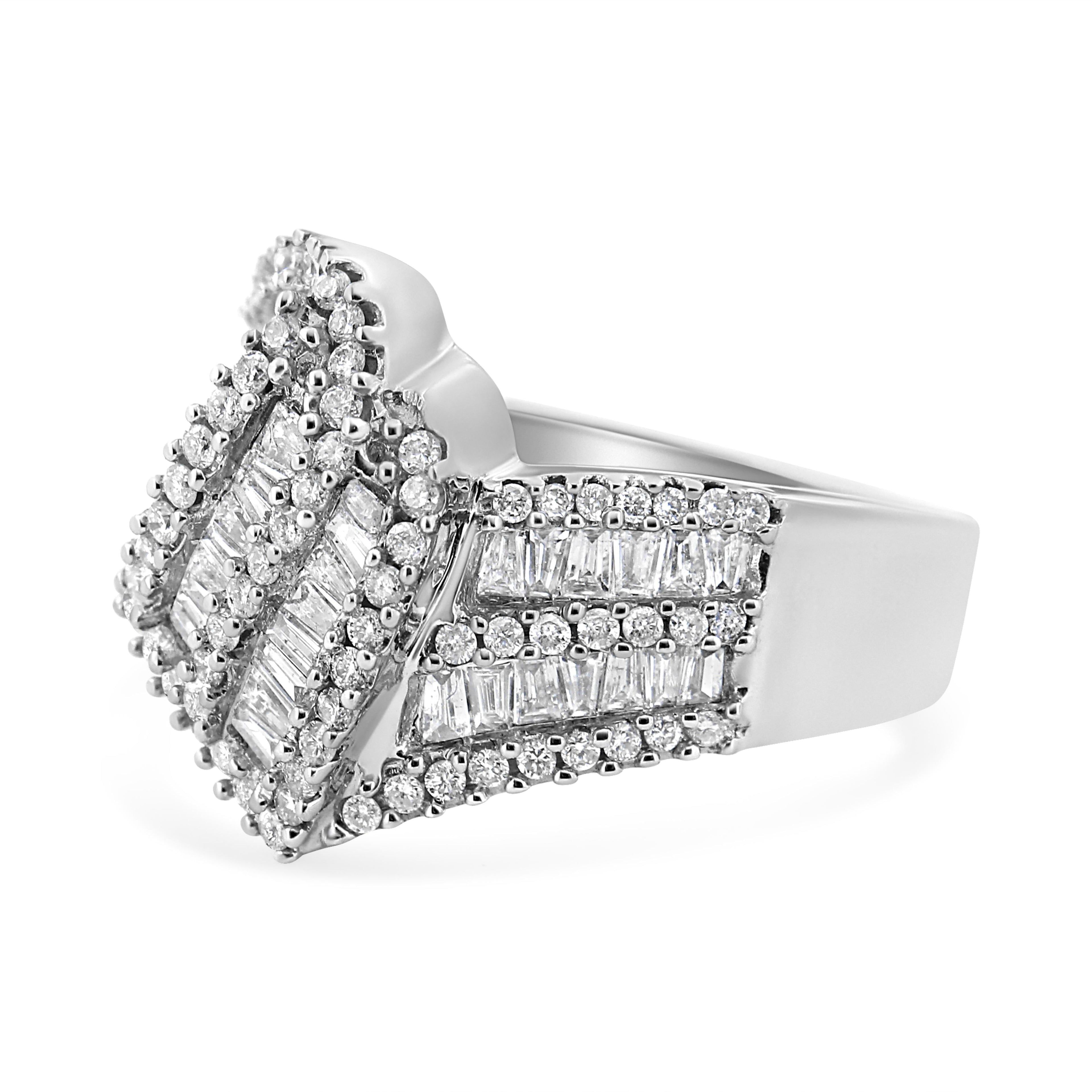14K White Gold 1-1/2 Cttw Round and Baguette Diamond Bypass Cocktail Ring Band (H-I Color, SI1-SI2 Clarity) - Size 7 by Bids.com