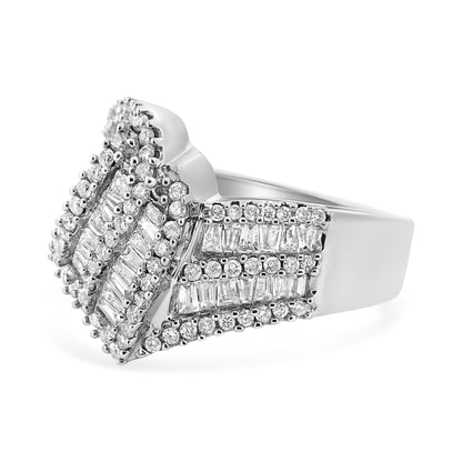 14K White Gold 1-1/2 Cttw Round and Baguette Diamond Bypass Cocktail Ring Band (H-I Color, SI1-SI2 Clarity) - Size 7 by Bids.com