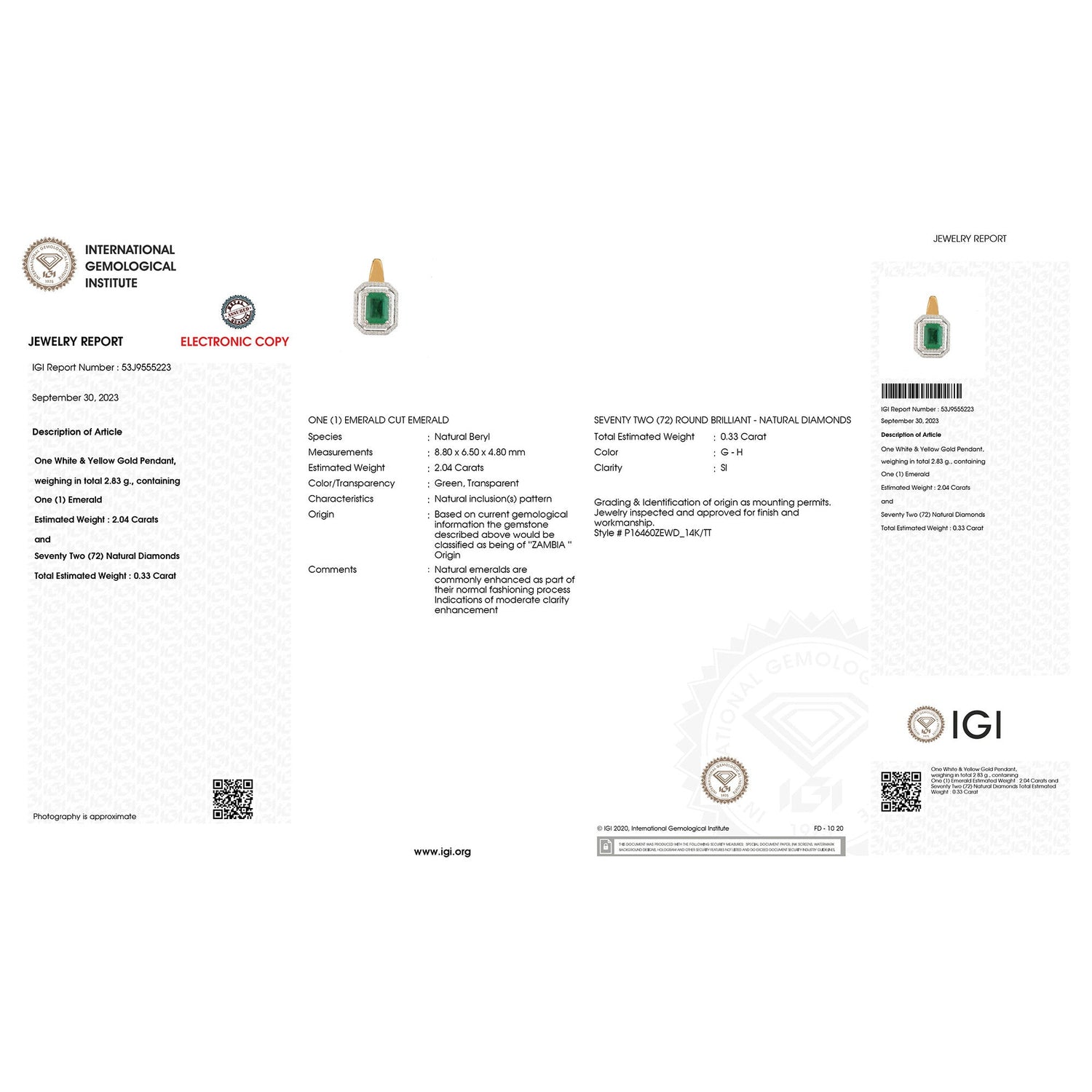 IGI Certified 2.37 Carat Genuine Zambian Emerald and White Diamond 14K Yellow &amp; White Gold Pendant