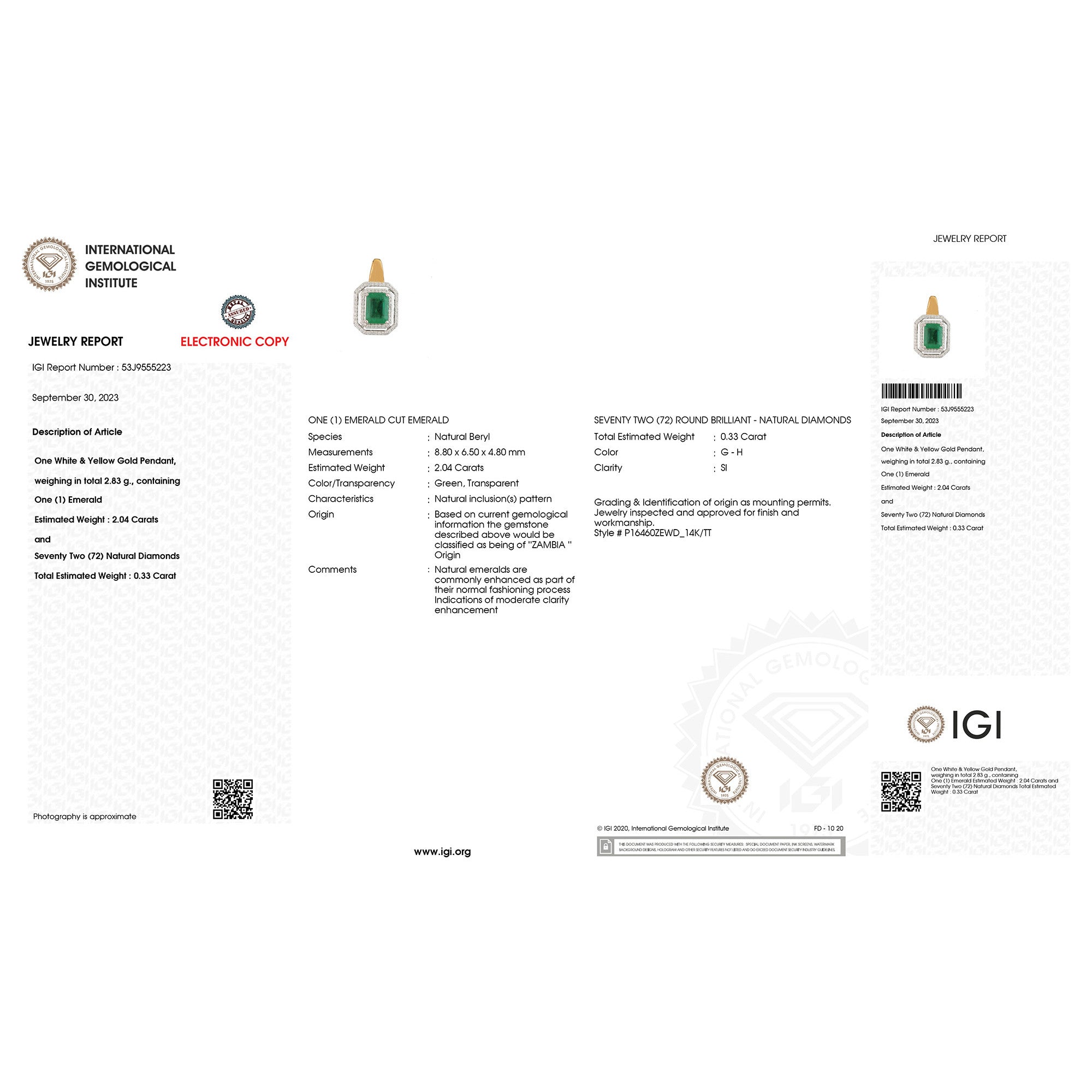 IGI Certified 2.37 Carat Genuine Zambian Emerald and White Diamond 14K Yellow &amp; White Gold Pendant
