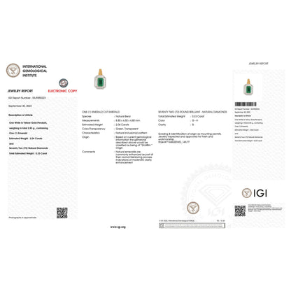 IGI Certified 2.37 Carat Genuine Zambian Emerald and White Diamond 14K Yellow &amp; White Gold Pendant