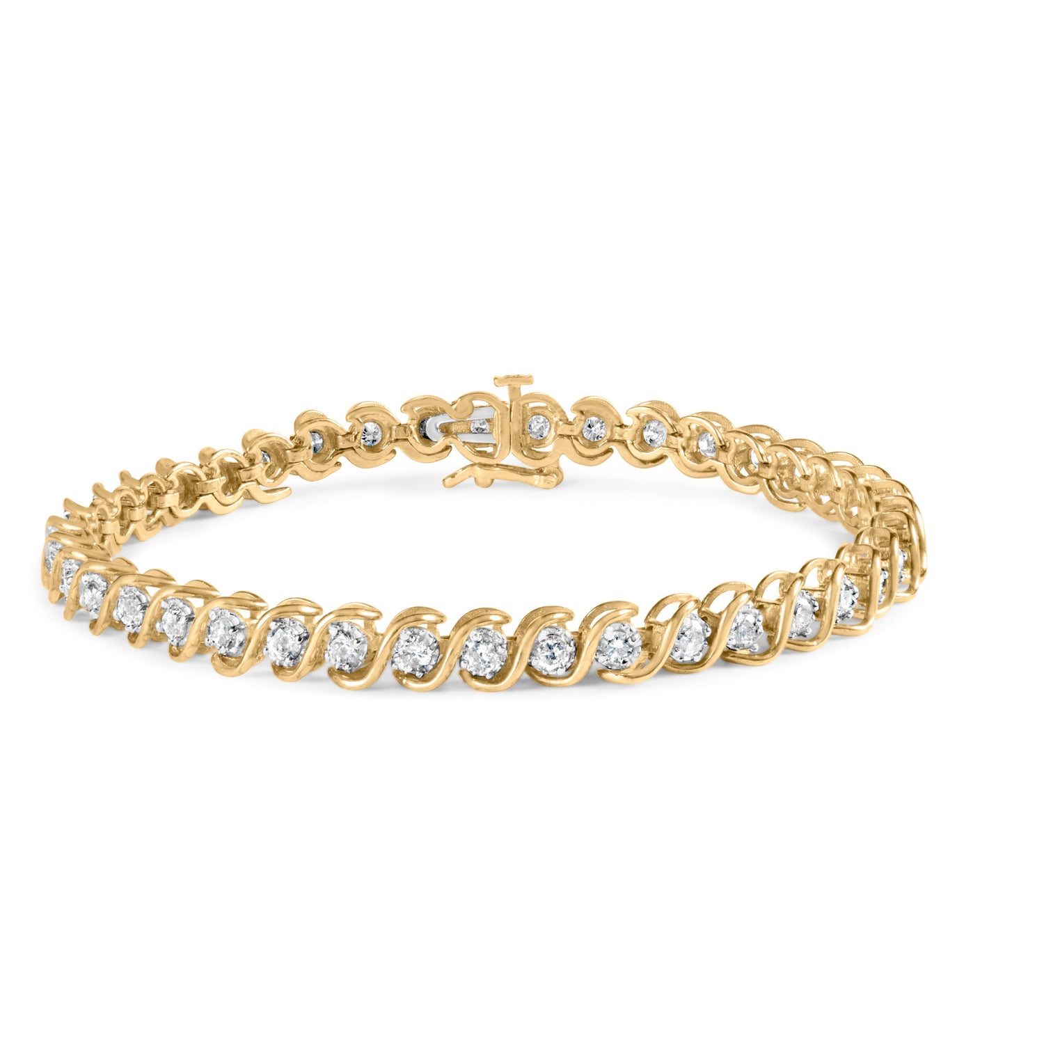 10K Yellow Gold 3 cttw Round-Cut Diamond Spiral Link 7.50" Bracelet (I-J Color, I1-I2 Clarity) by Bids.com