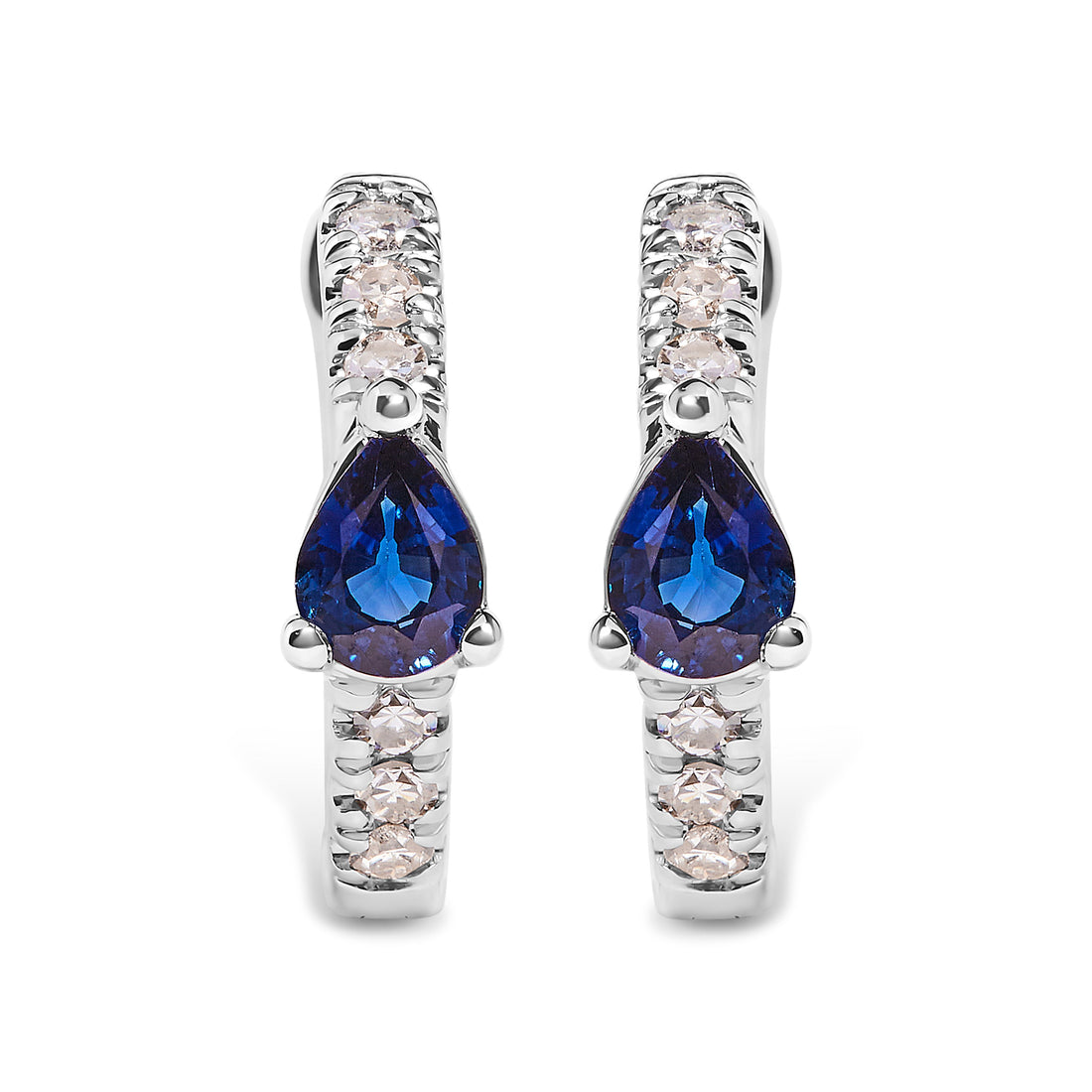 10K White Gold Pear Shaped Blue Sapphire and 1/10 Cttw Diamond Huggy Hoop Earrings (H-I Color, I1-I2 Clarity) by Bids.com