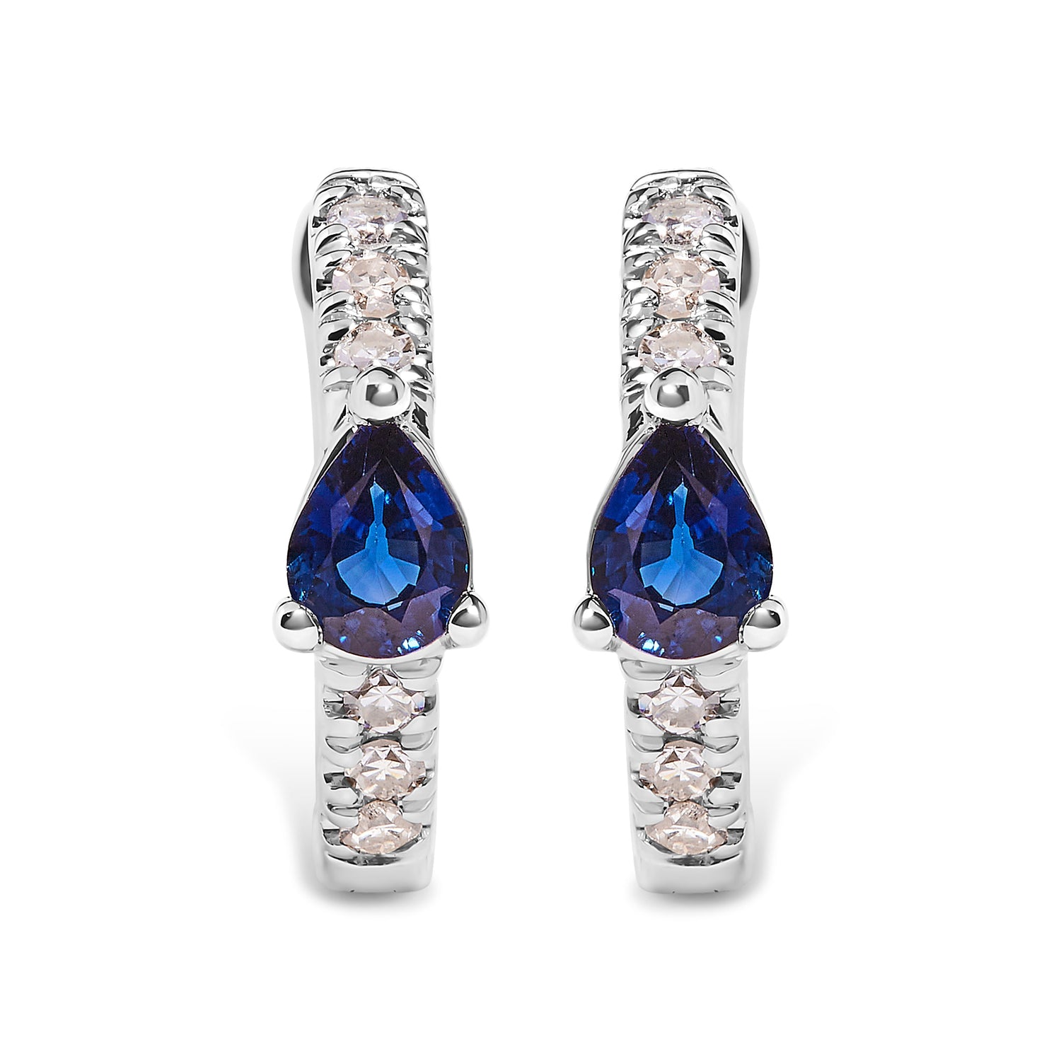 10K White Gold Pear Shaped Blue Sapphire and 1/10 Cttw Diamond Huggy Hoop Earrings (H-I Color, I1-I2 Clarity) by Bids.com