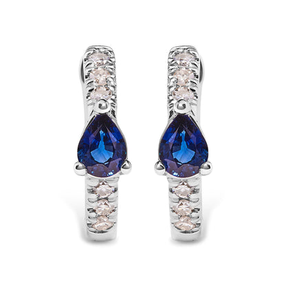 10K White Gold Pear Shaped Blue Sapphire and 1/10 Cttw Diamond Huggy Hoop Earrings (H-I Color, I1-I2 Clarity) by Bids.com