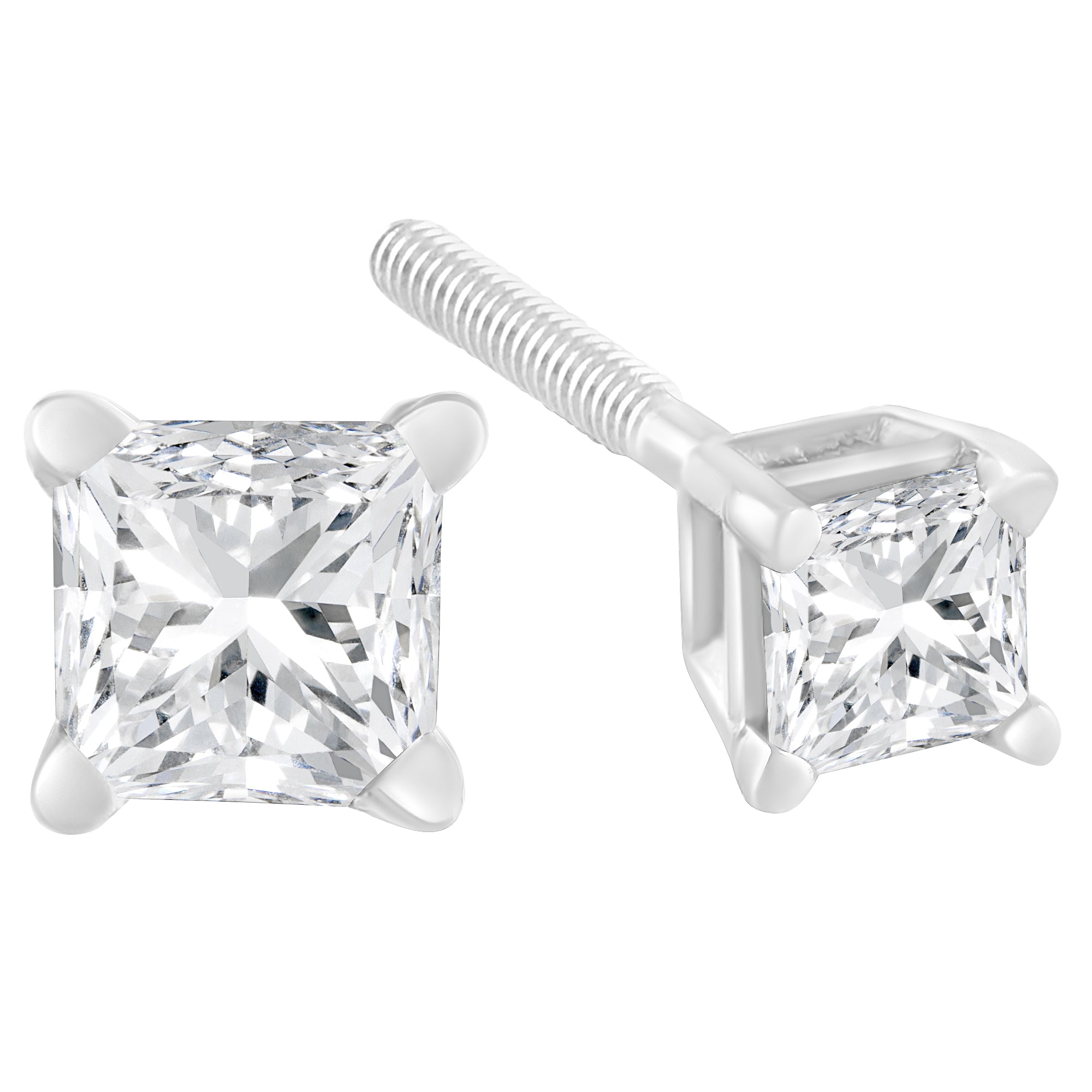 AGS Certified 18K White Gold 1.0 Cttw 4-Prong Set Princess-Cut Solitaire Diamond Screw Back Stud Earrings (E-F Color, SI2-I1 Clarity) by Bids.com